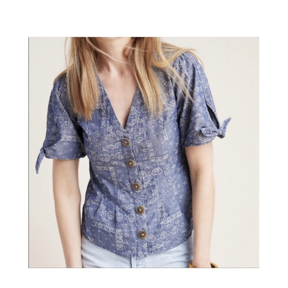 Pilcro Anthropologie Blue Paisley Boho Tie Sleeve Button Blouse Sz 10 Farmhouse